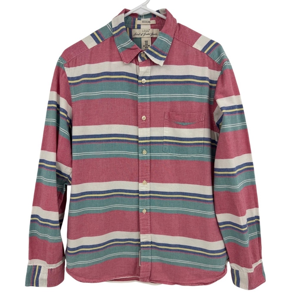HM LOGG Mens Regular Fit Striped Button Down Shirt Pink Teal‎ Blue Medium
